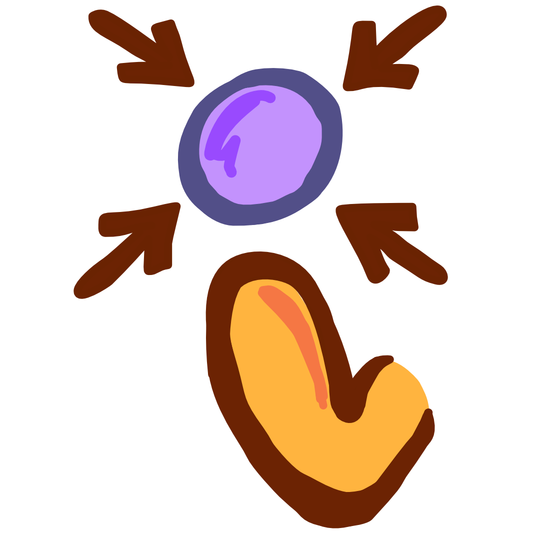 a yellow arm with a purple ball above it. Arrows point at the ball from all sides.